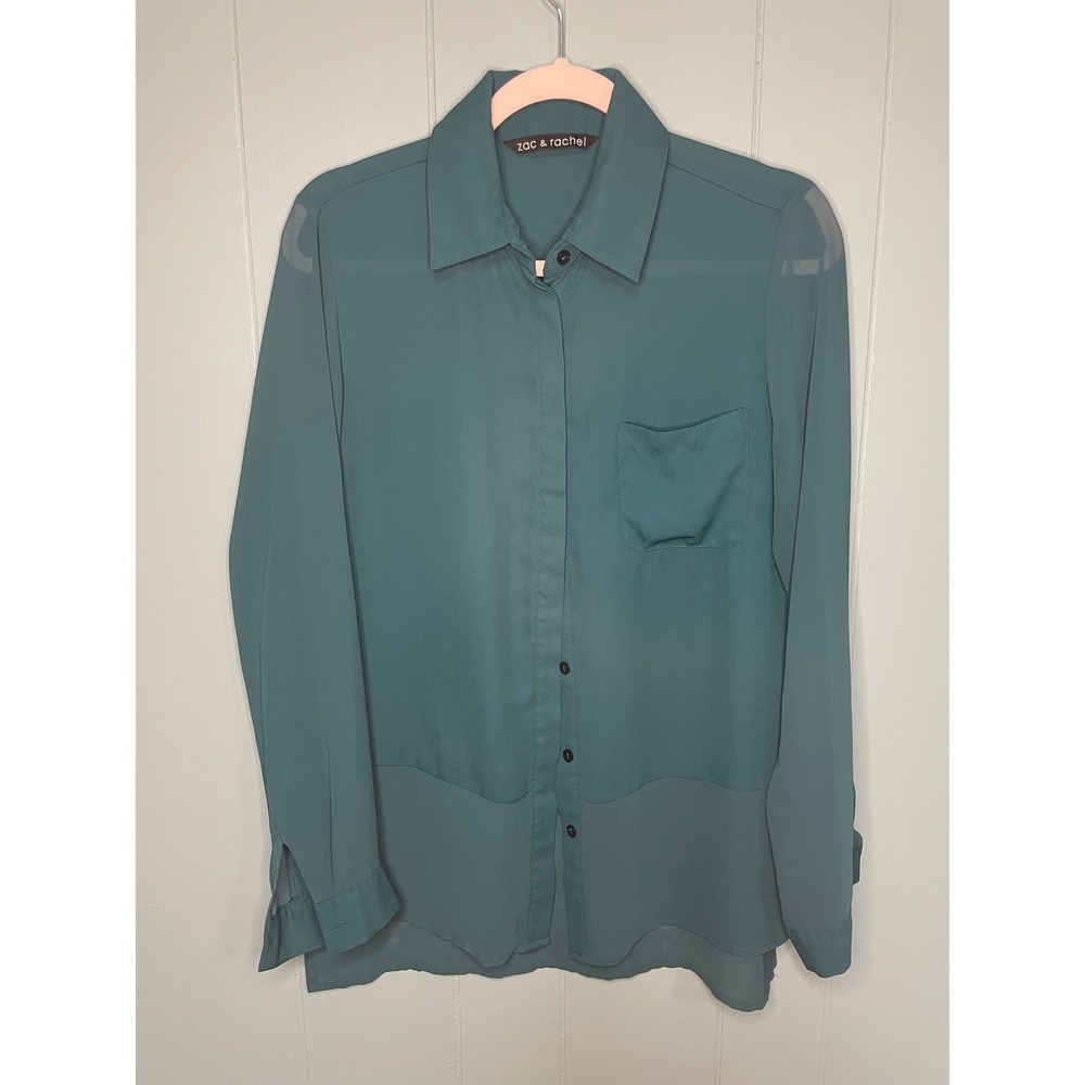 Zac & Rachel Womens Teal‎ Green Sheer Mixed Media Button Down Blouse Size M